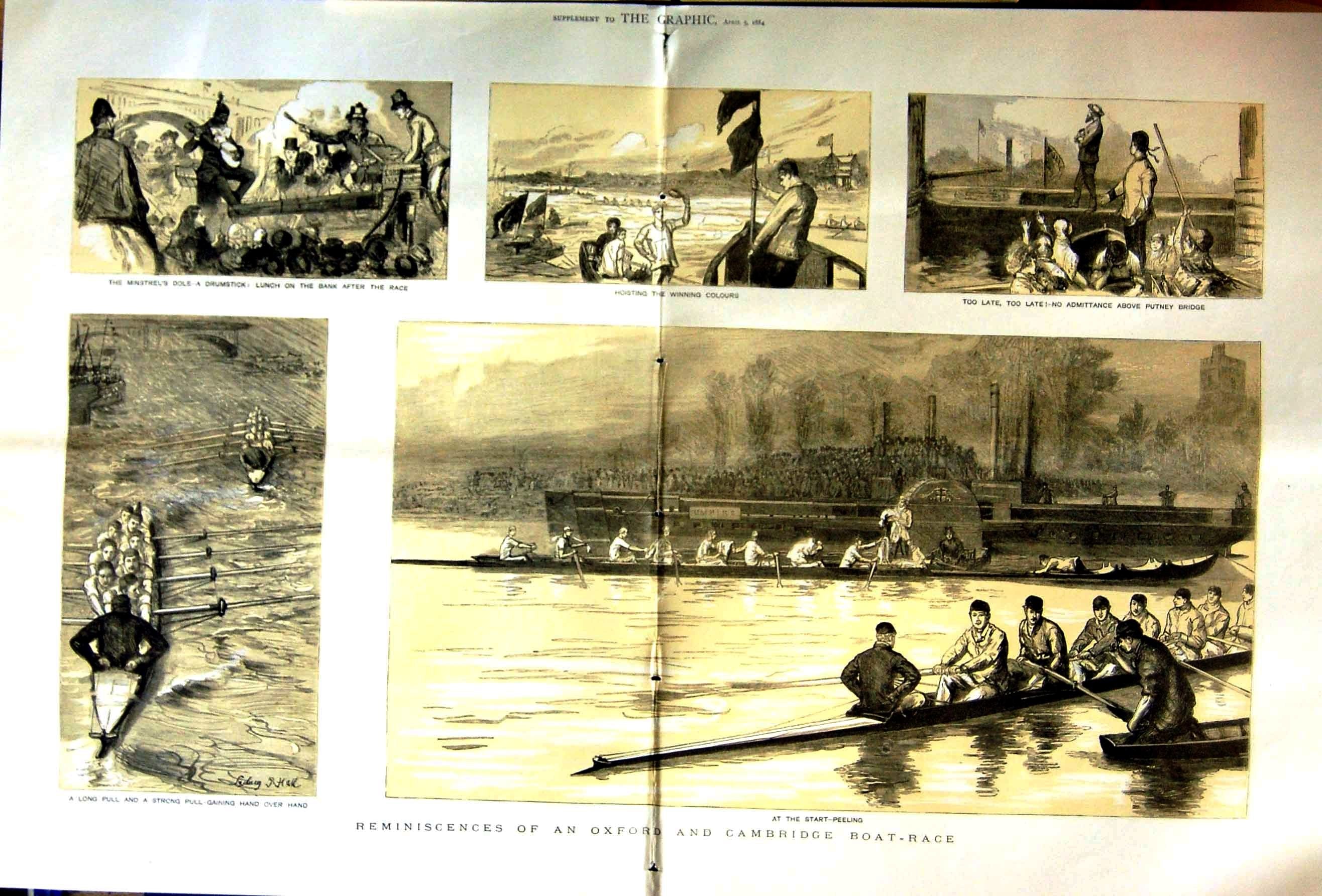 Old Antique Print 1884 Oxford Cambridge University Boat Race Sport River 19th