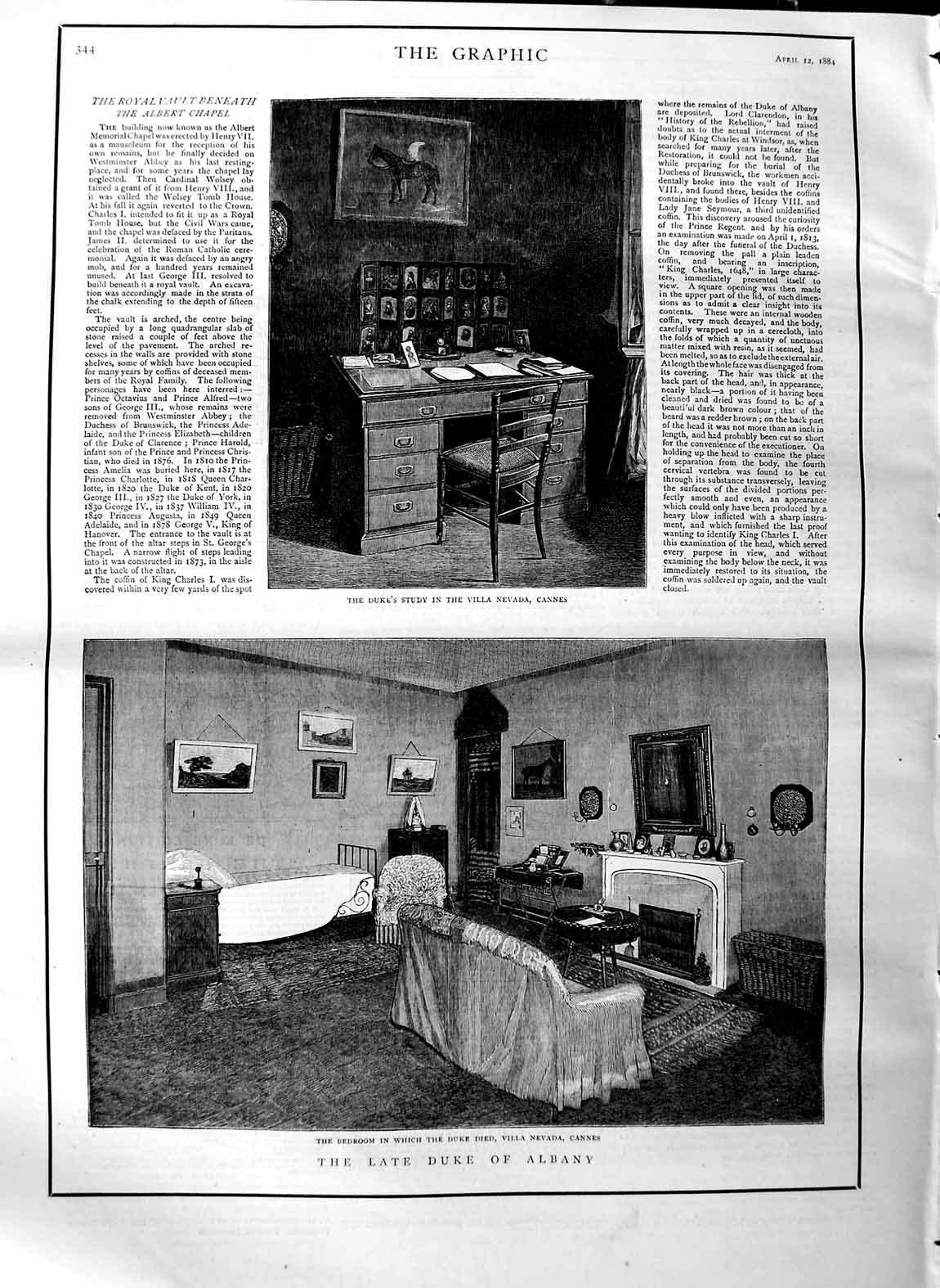 Old Antique Print 1884 Duke Albany Death Study Villa Nevada Cannes France 19th