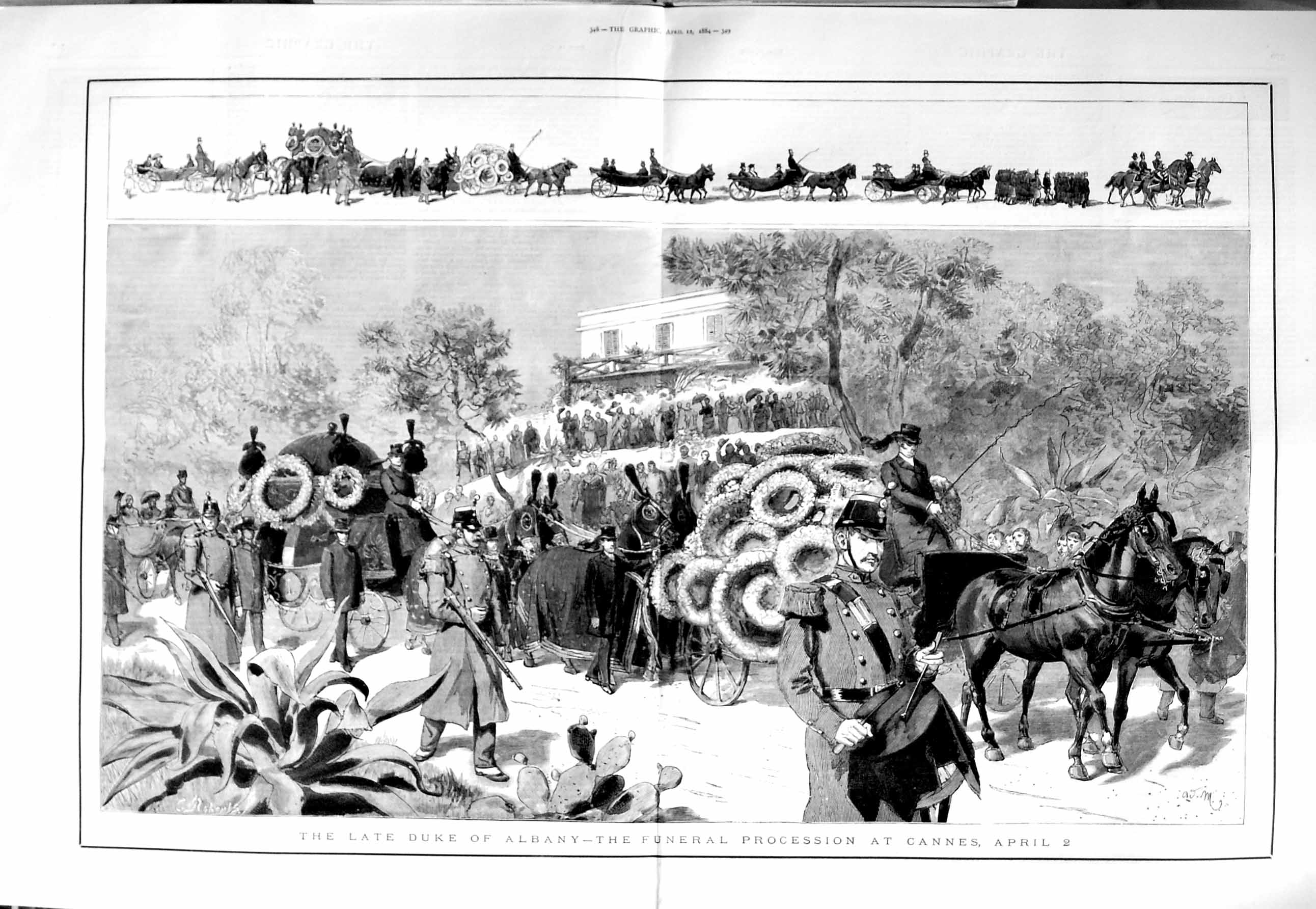 Original Old Antique Print 1884 Funeral Procession Duke Albany Cannes France