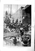 Original Old Antique Print 1884 Woodville Art Siers Battle Horses River Bridge