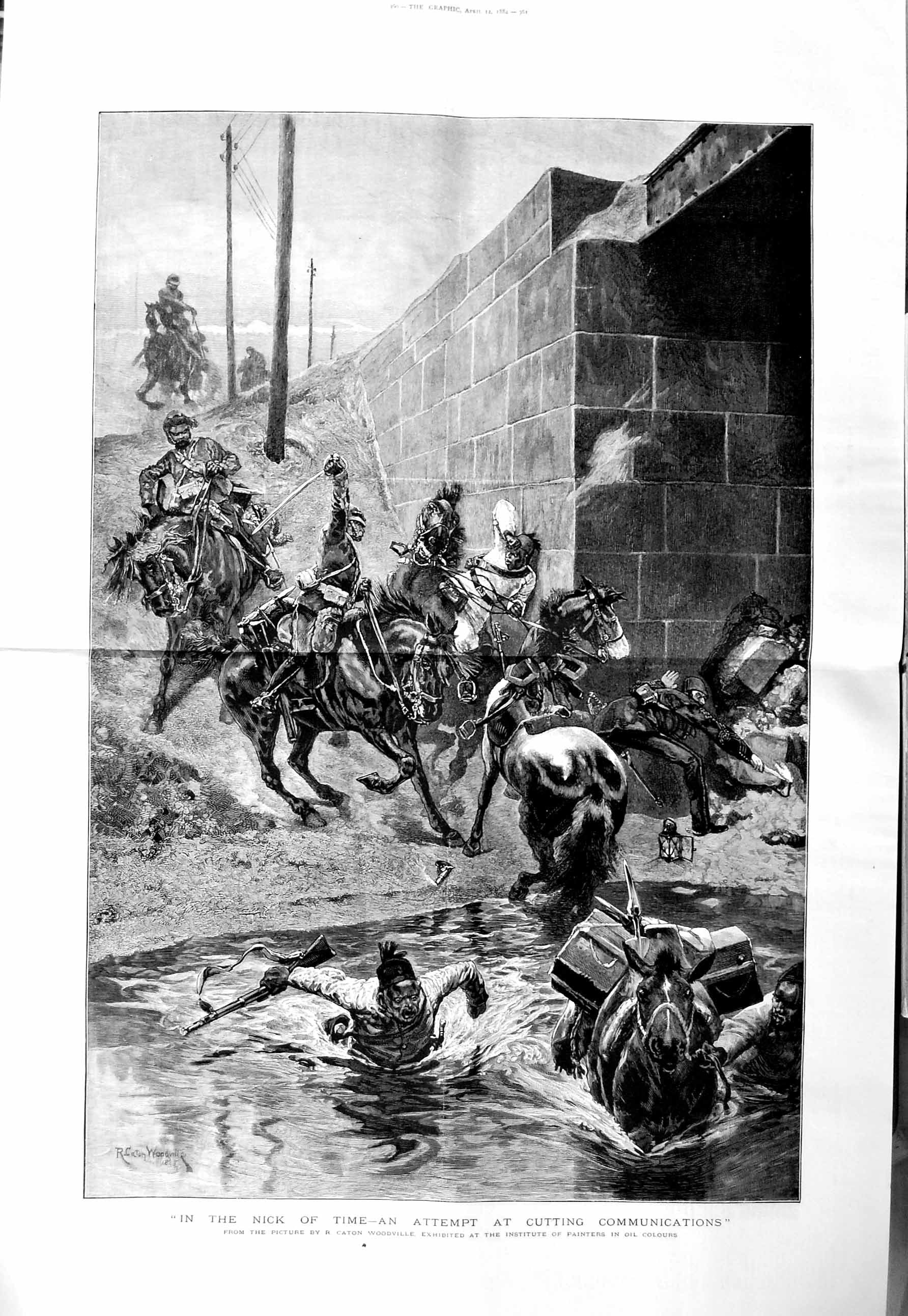 Original Old Antique Print 1884 Woodville Art Siers Battle Horses River Bridge