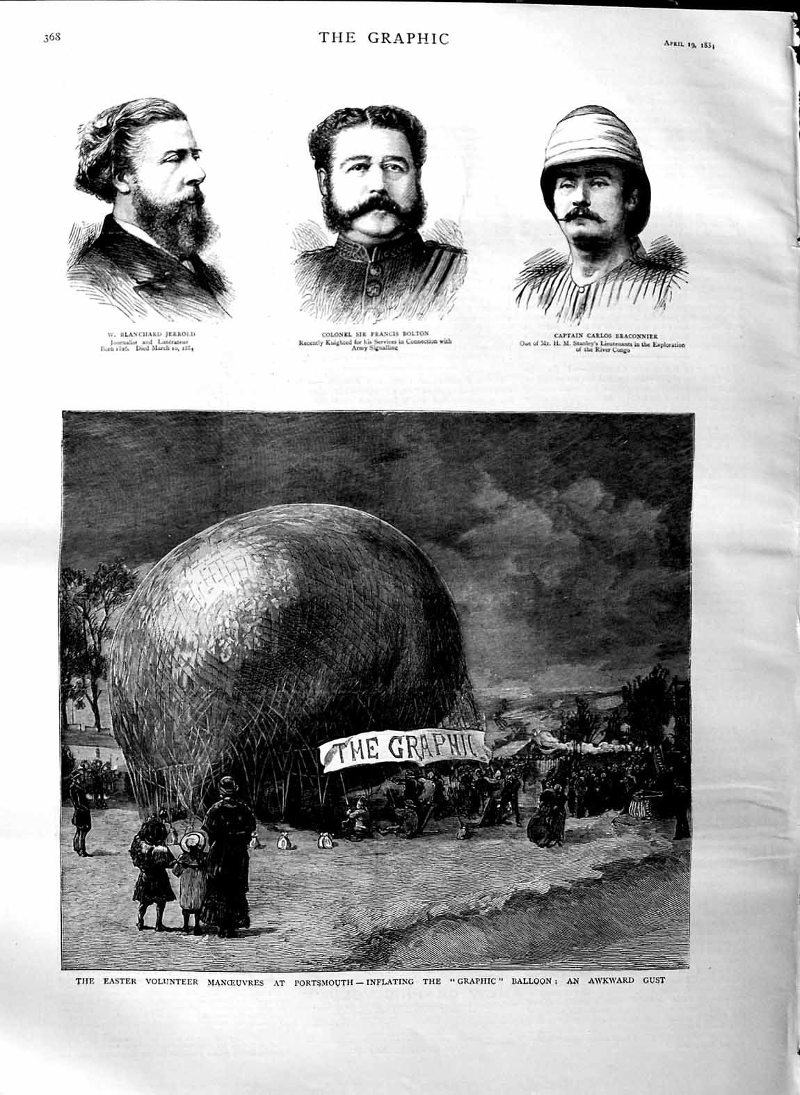 Original Old Antique Print 1884 Siers Volunteers Portsmouth Balloon JerrMen