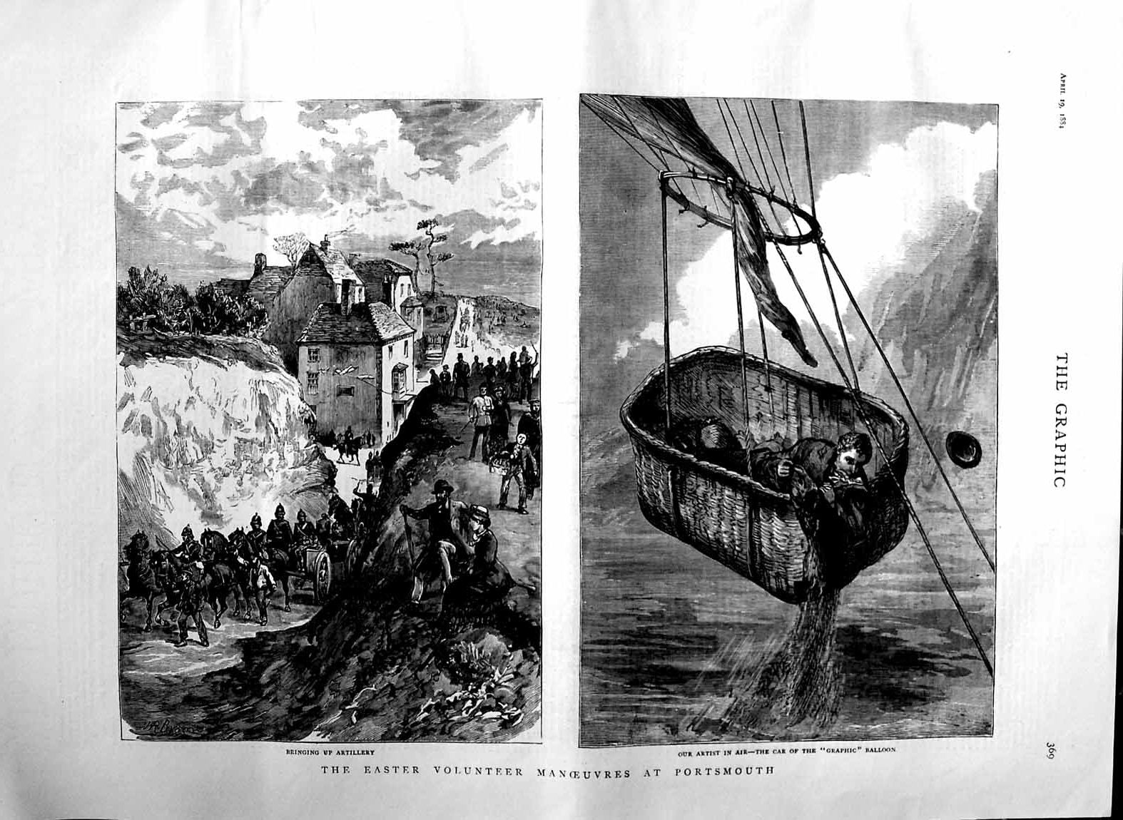 Original Old Antique Print 1884 Easter Volunteer Manoeuvres Portsmouth Balloon