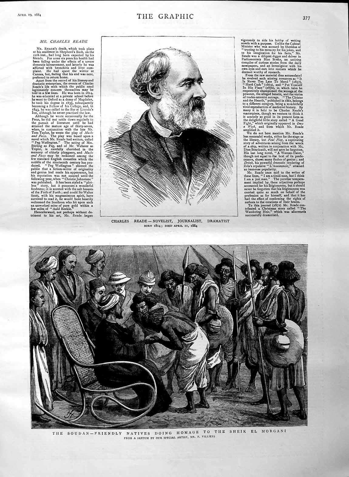 Original Old Antique Print 1884 Charles Reade Novelist Soudan Natives Morgani