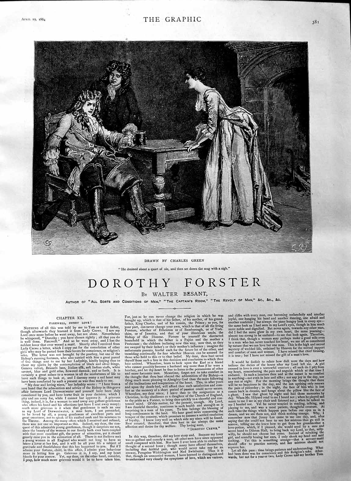 Original Old Antique Print 1884 Illustration Story Dorothy Forster Men Ale Mug