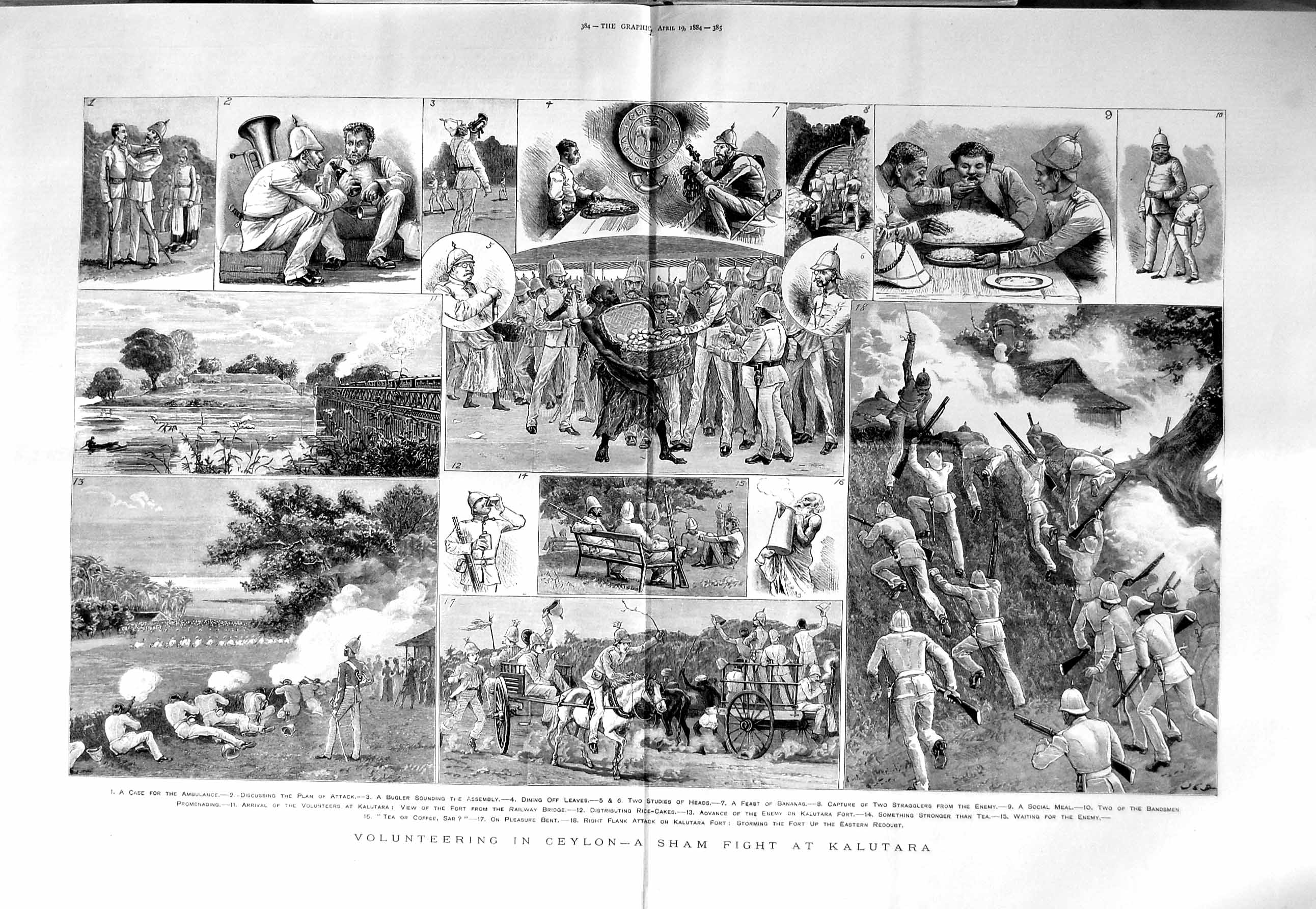 Original Old Antique Print 1884 Sham Fight Kalutara Ceylon Volunteer Siers War