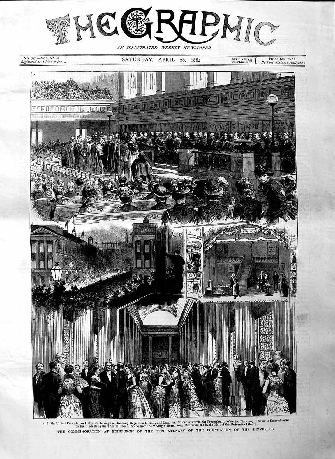 Original Old Antique Print 1884 Commemoration Edinburgh University Theatr 19th