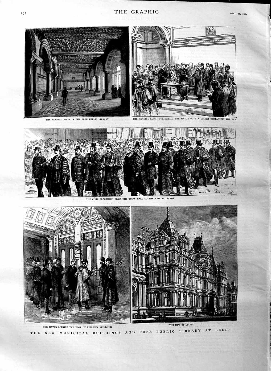 Original Old Antique Print 1884 Mayor Public Library Leeds Municipal Buildings