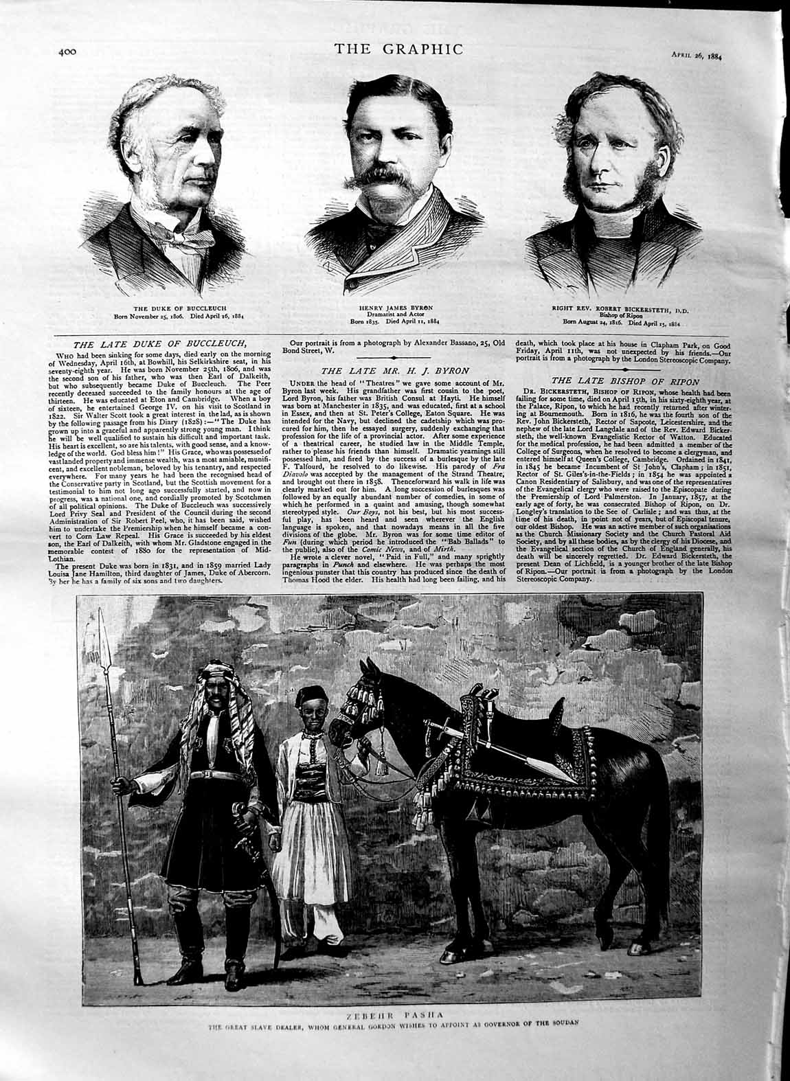 Old Antique Print 1884 Zebehr Pasha Slave Dealer Buccleuch Byron Robert 19th