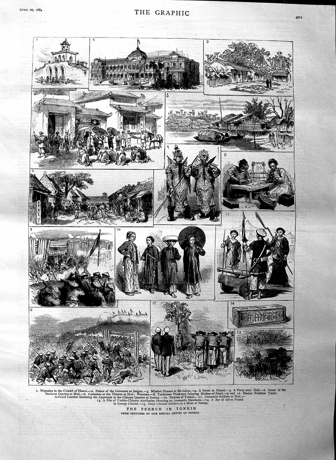 Original Old Antique Print 1884 French Tonkin Citadel Hanoi Palace Sai Victorian