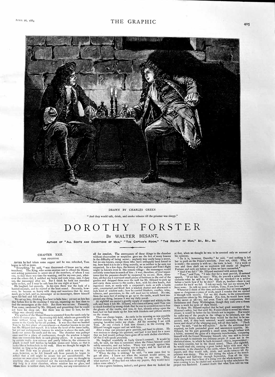 Original Old Antique Print 1884 Illustration Story Dorothy Forster Men Drinking