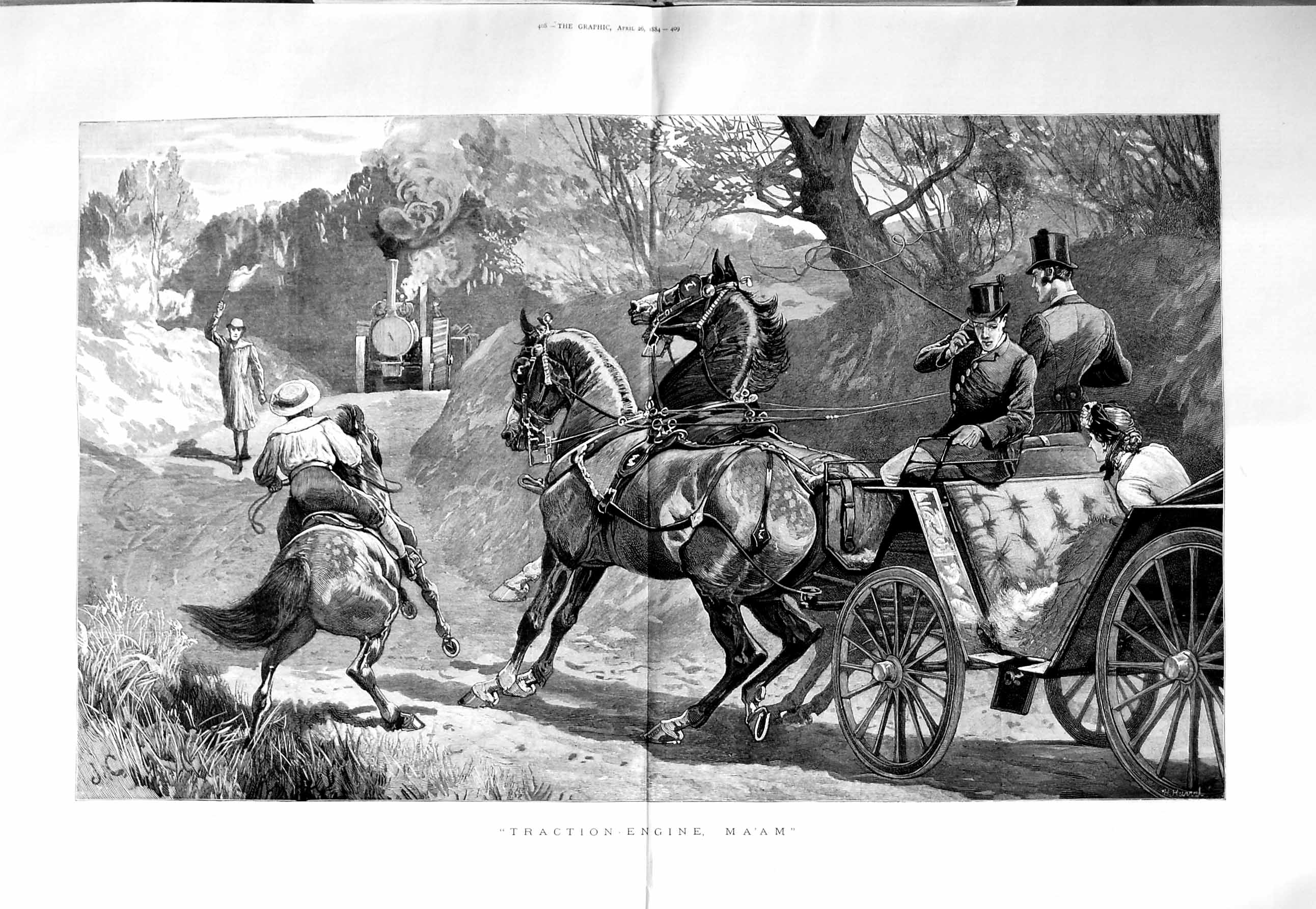 Original Old Antique Print 1884 Train Engine Horses Coach Country Lane F 19th