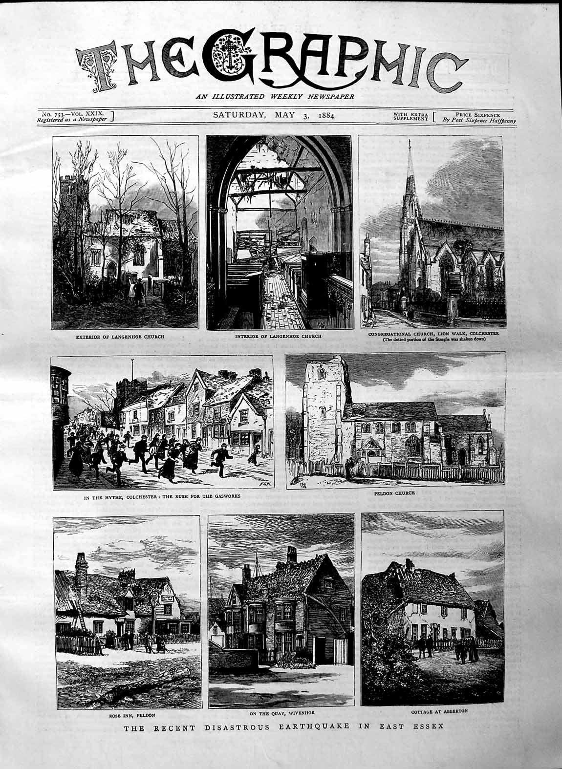 Original Old Antique Print 1884 Earthquake Essex Langenhoe Church Peldon A 19th