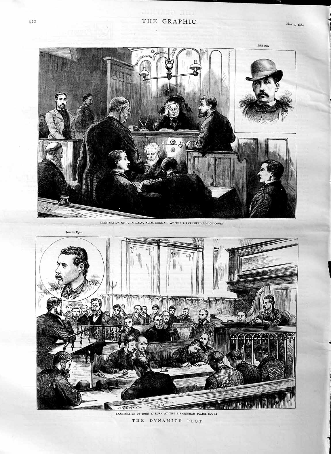 Original Old Antique Print 1884 Dynamite Plot John Egan Daly Birkenhead Police