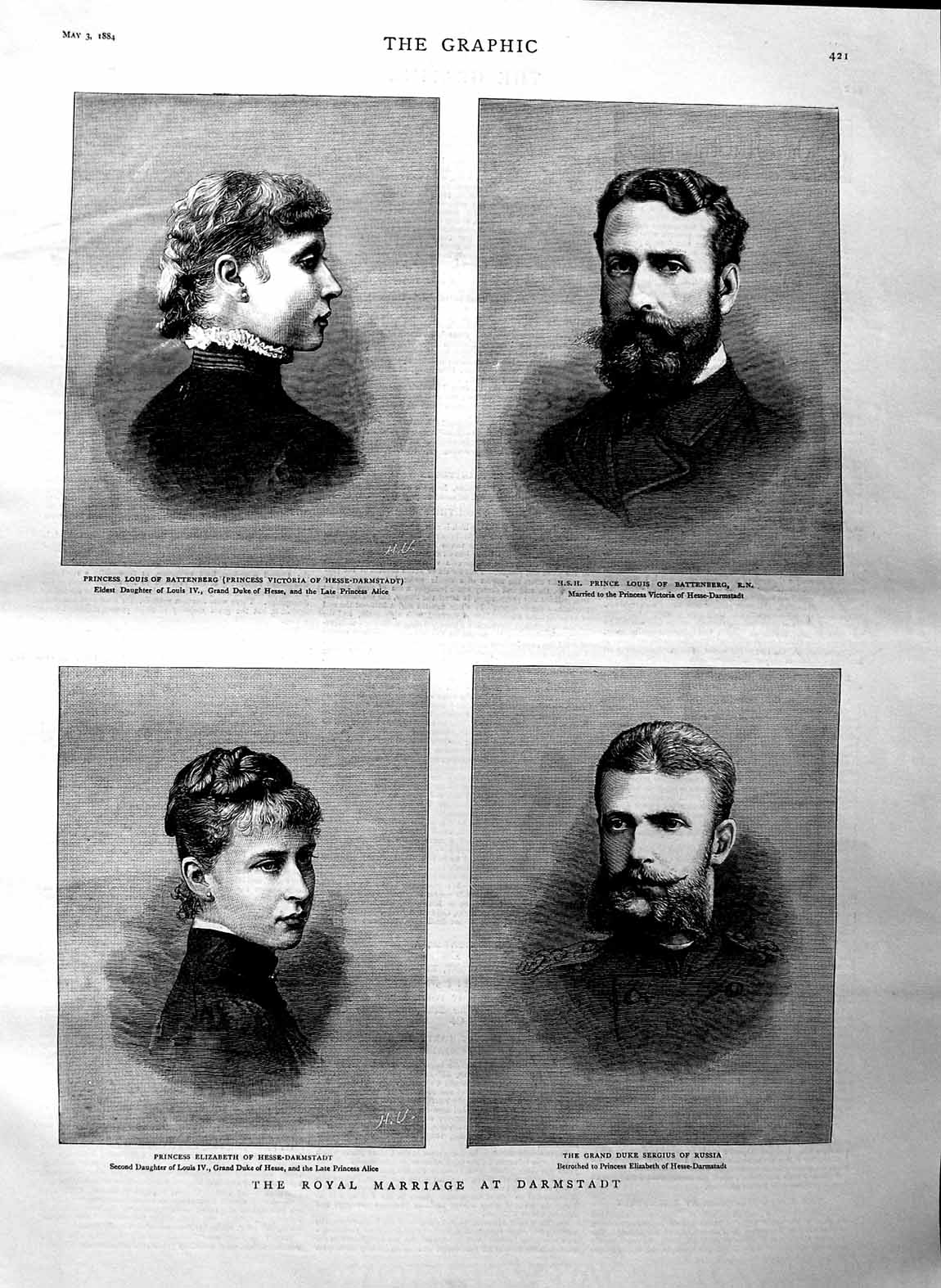Old Antique Print 1884 Princess Elizabeth Louis Battenberg Duke Sergius 19th