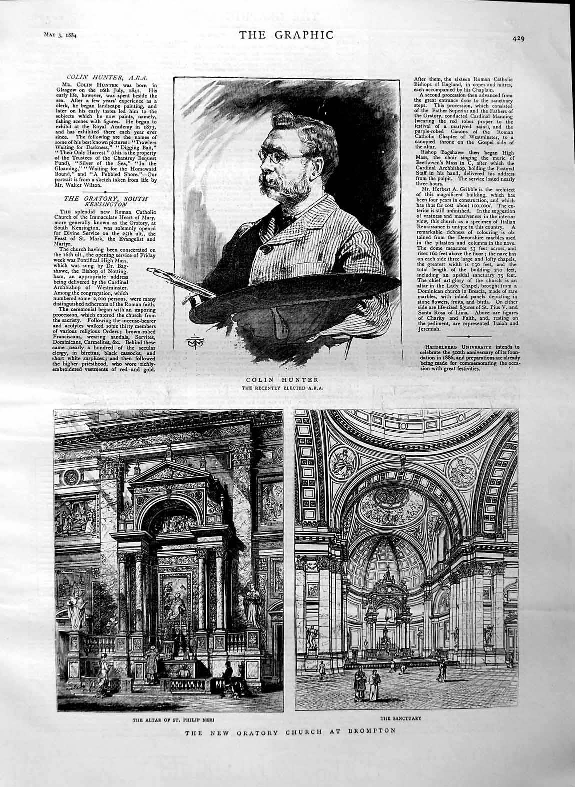 Original Old Antique Print 1884 Colin Hunter Oratory Church Brompton Neri Altar