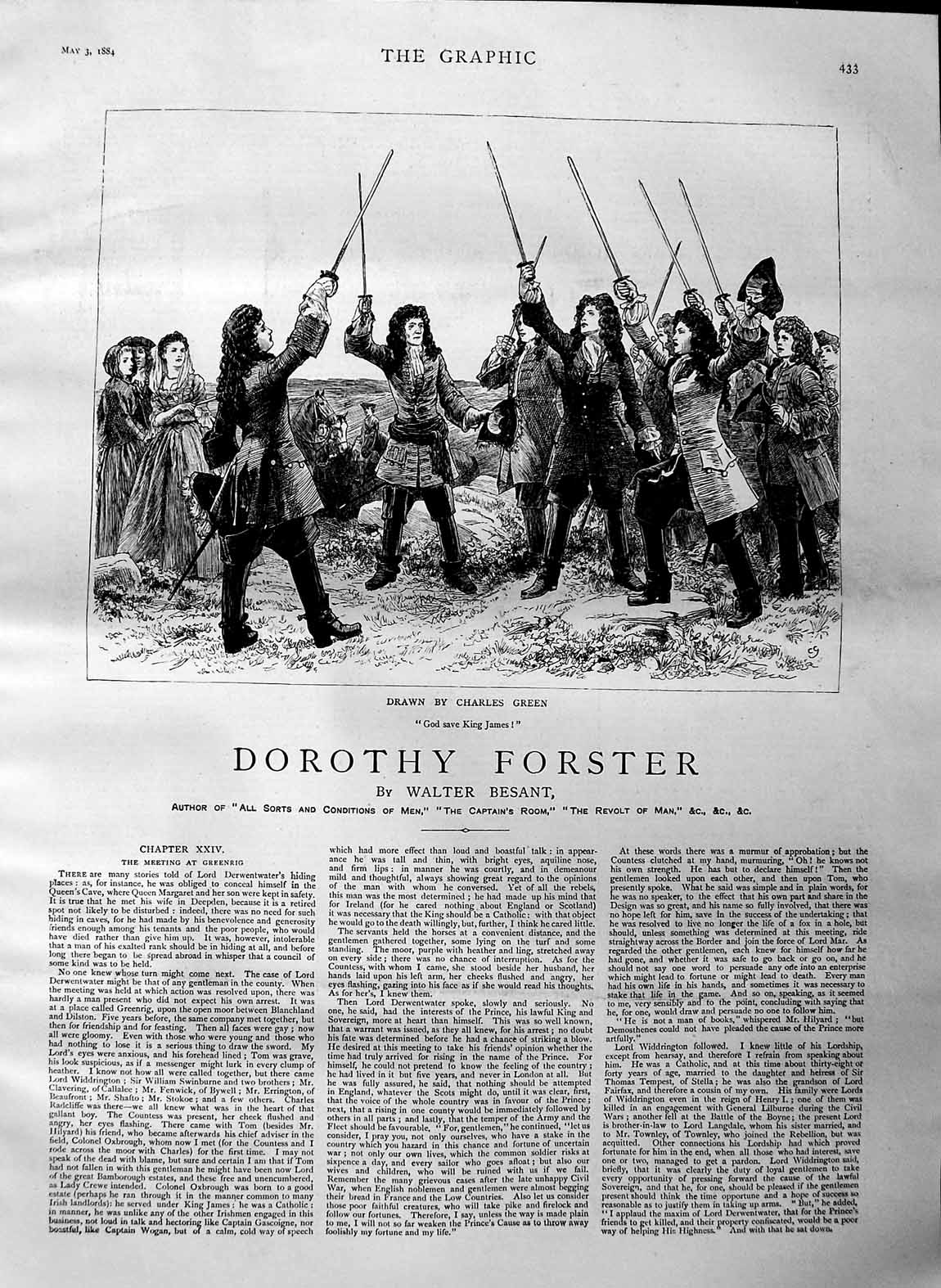 Original Old Antique Print 1884 Illustration Story Dorothy Forster Men 19th