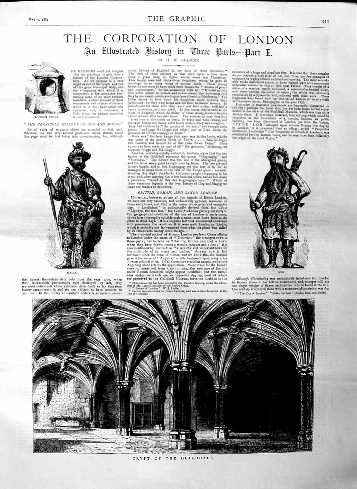 Original Old Antique Print 1884 Crypt Guildhall London Crosby Church Bish 19th