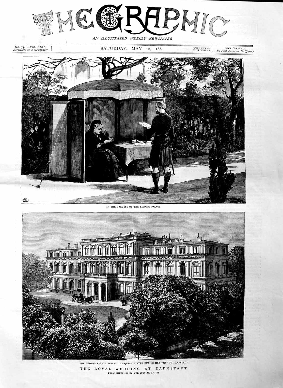 Original Old Antique Print 1884 Royal Wedding Darmstadt Ludwig Palace Gardens