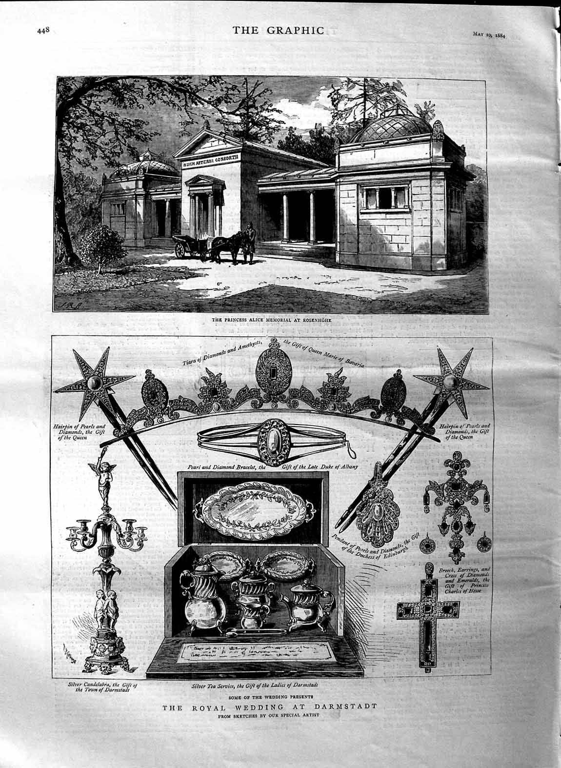 Old Antique Print 1884 Royal Wedding Darmstadt Alice Memorial Rosenhohe 19th