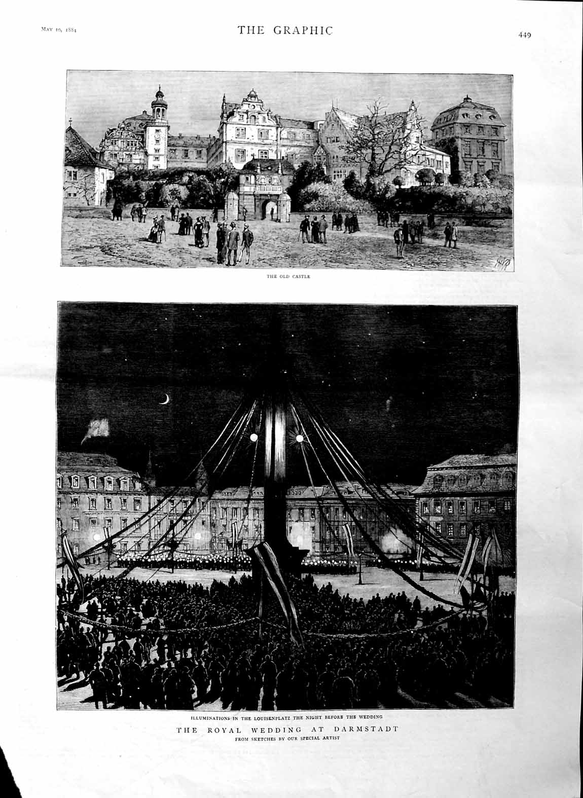 Original Old Antique Print 1884 Royal Wedding Darmstadt Castle Louisenplatz Art