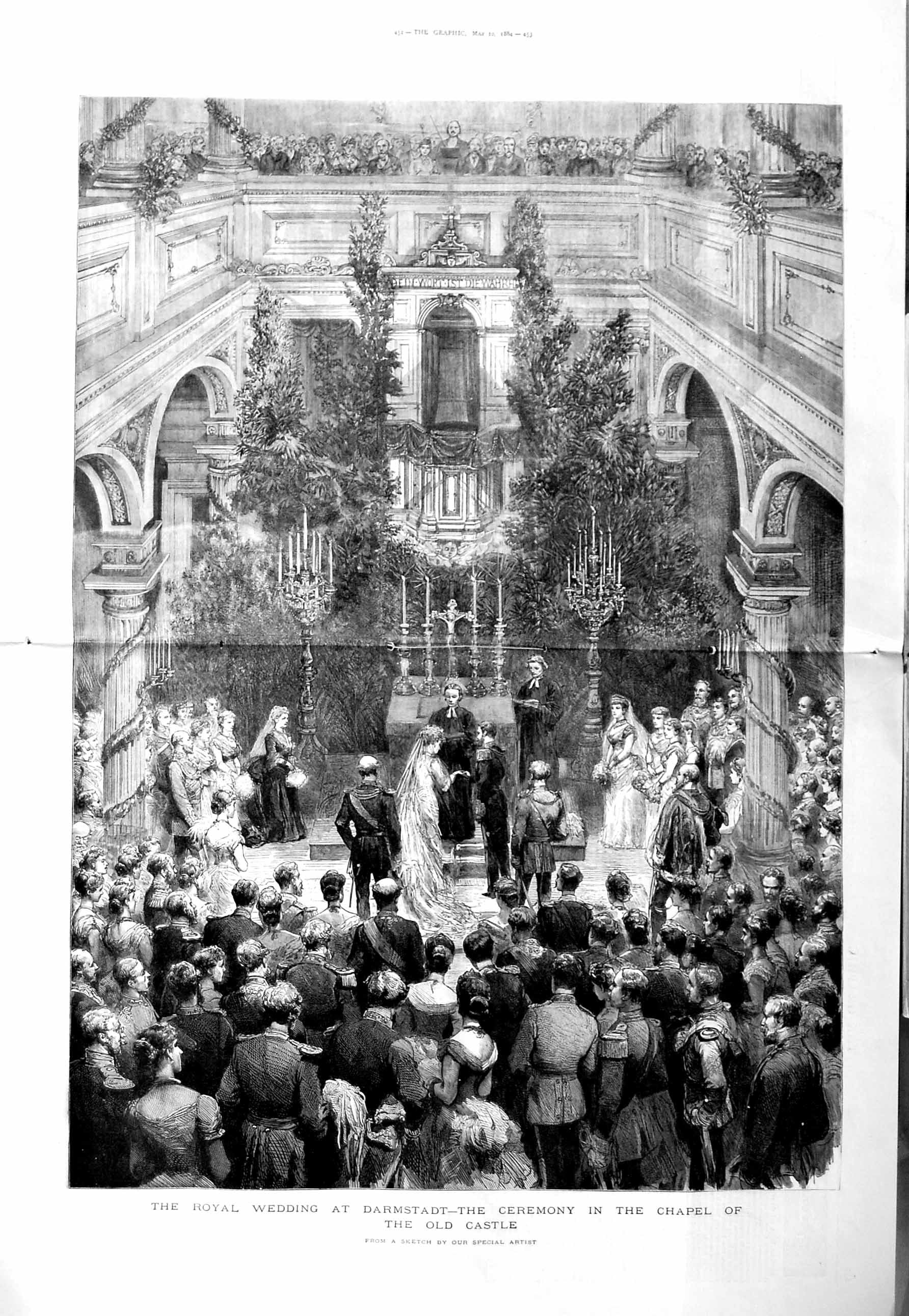 Old Antique Print 1884 Royal Wedding Darmstadt Chapel Castle Service Art 19th
