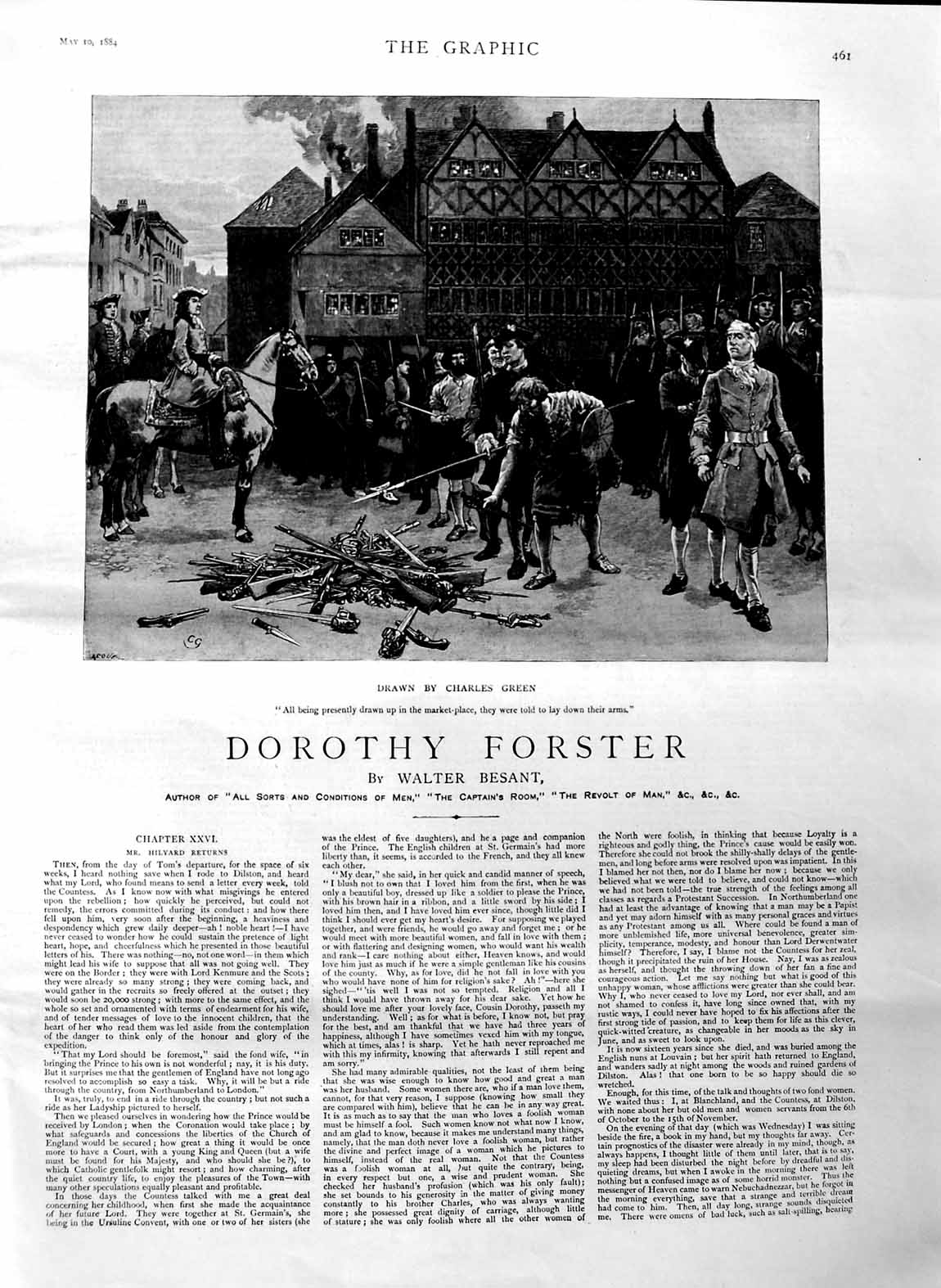 Original Old Antique Print 1884 Illustration Story Dorothy Forster Men Arms War