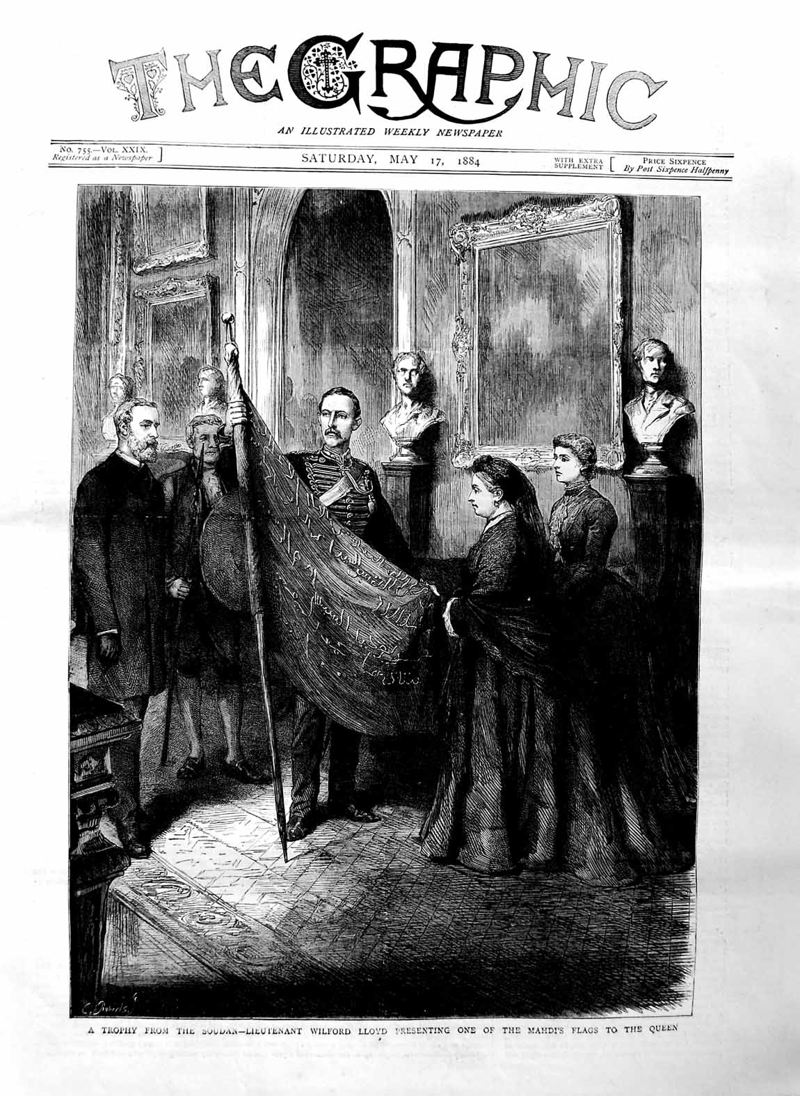 Original Old Antique Print 1884 Soudan War Wilford Lloyd Mahdi Flag Queen 19th