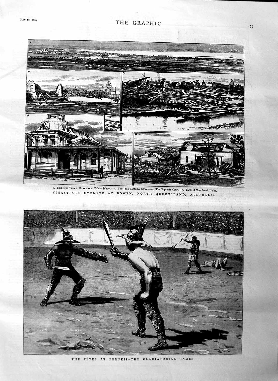 Old Antique Print 1884 Gladiatorial Games Pompeii Cyclone Bowen Australia 19th