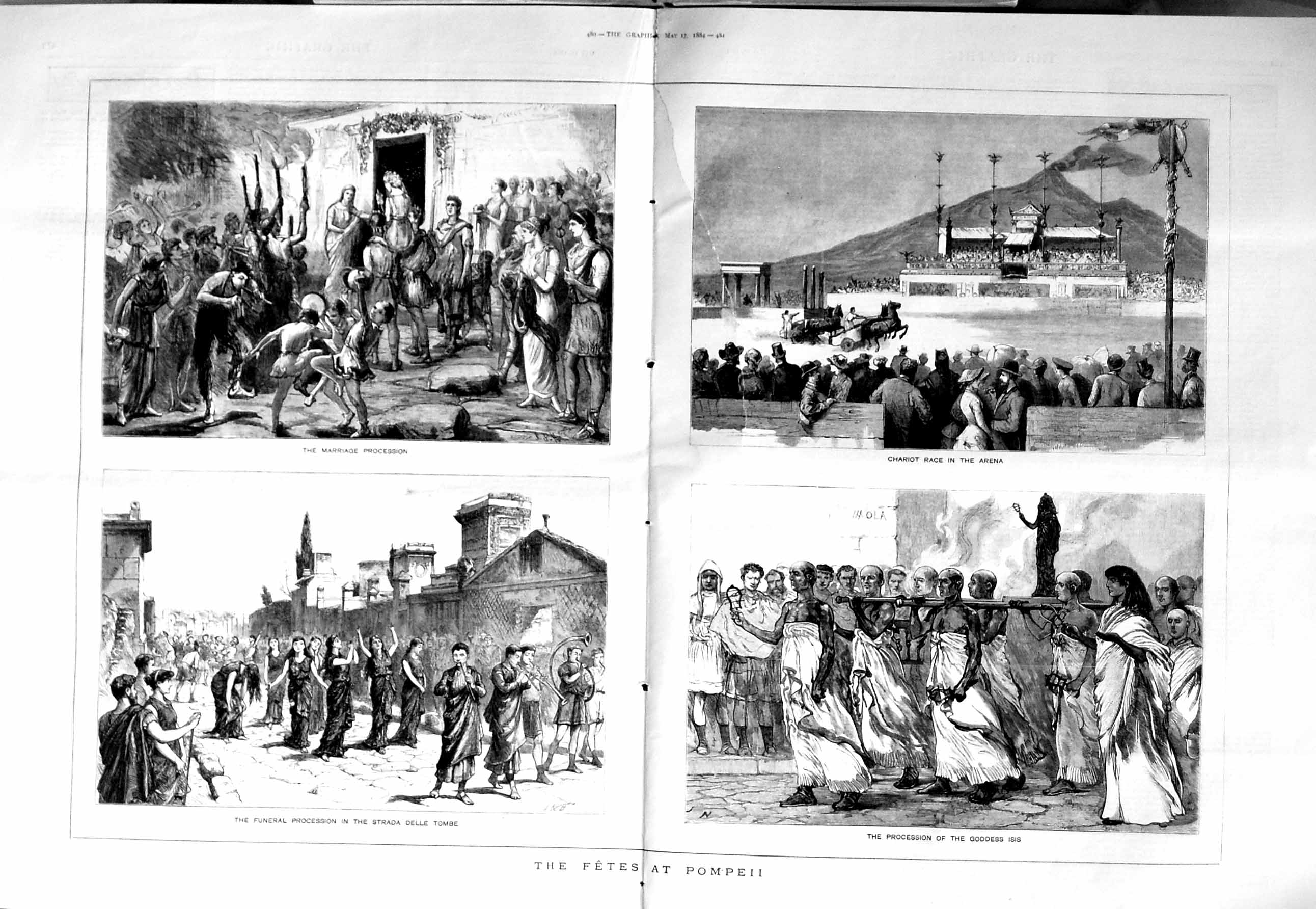 Original Old Antique Print 1884 Fetes Pompeii Goddess Isis Chariot Race Delle