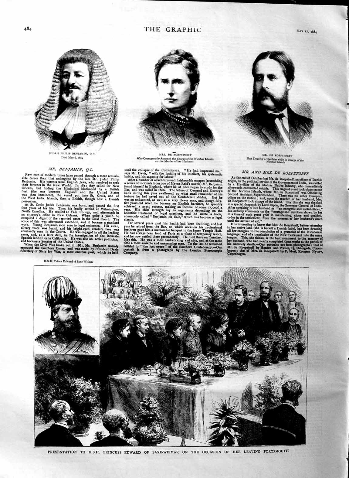 Original Old Antique Print 1884 Princess Edward Saxe-Weimar Benjamin Roepstorff