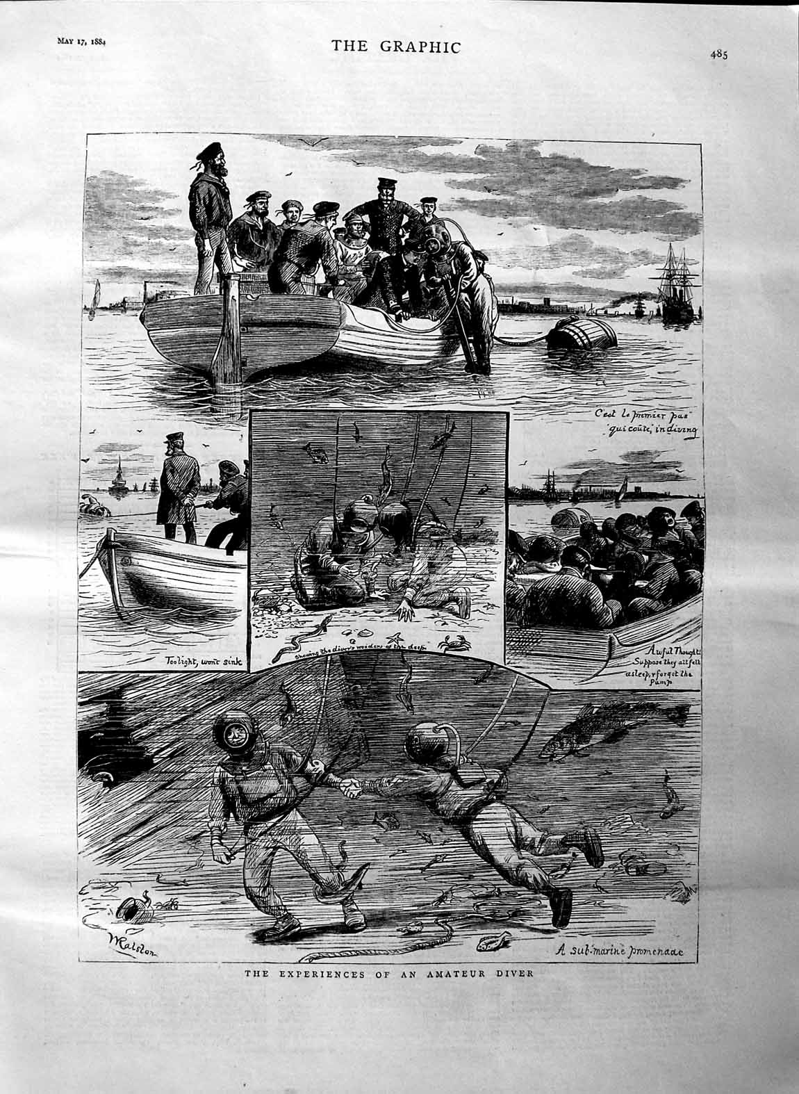 Original Old Antique Print 1884 Experiences Amateur Diver B 19th