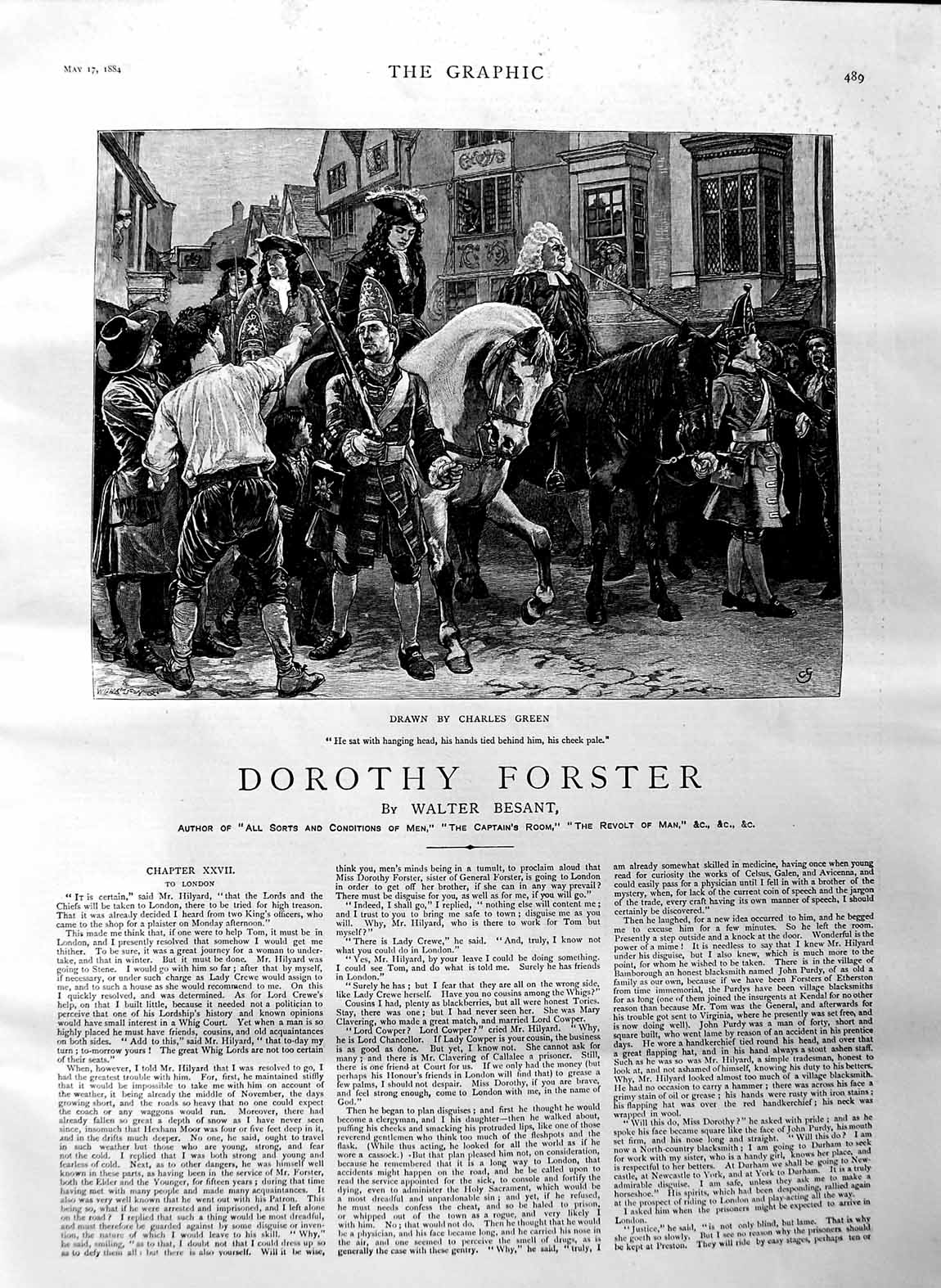 Old Antique Print 1884 Illustration Dorothy Forster Man Horses Prisoner 19th