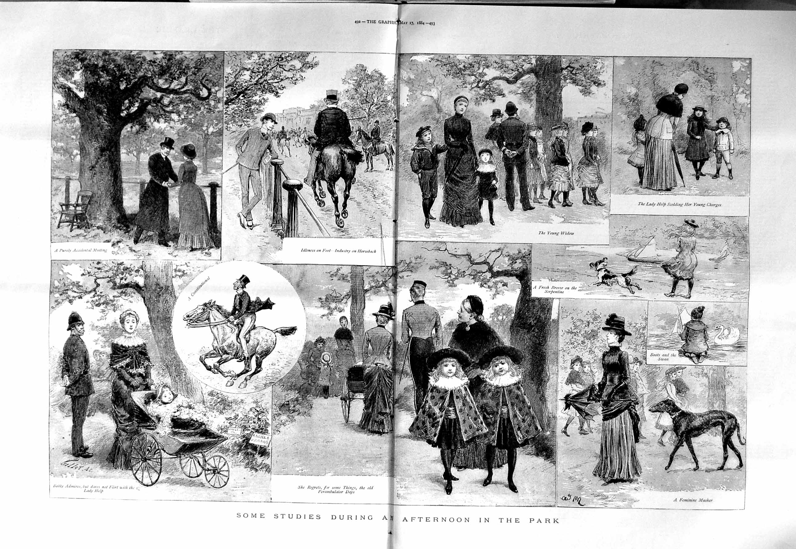 Original Old Antique Print 1884 Afternoon Park Children Horses Baby Pram Dogs
