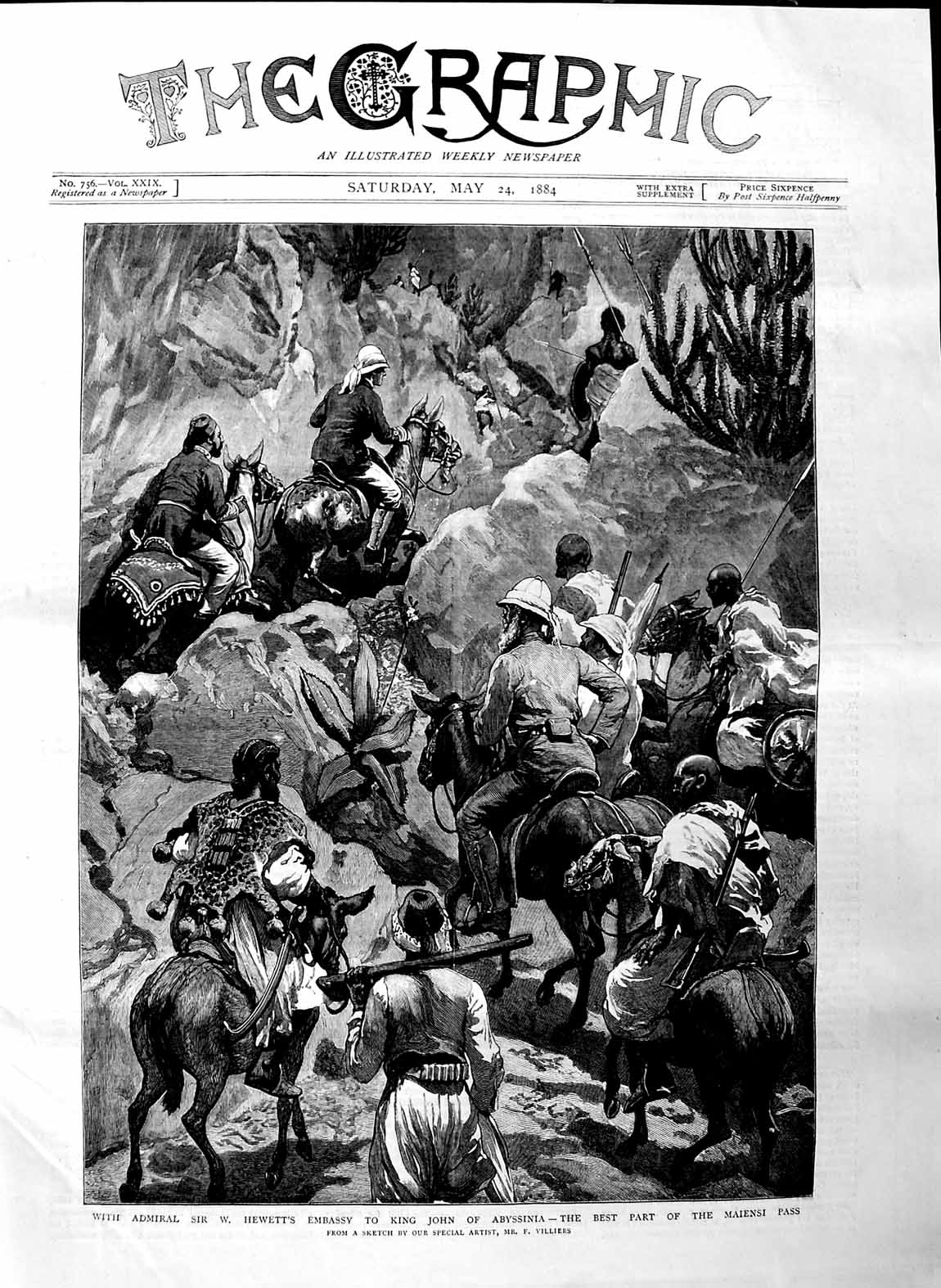 Original Old Antique Print 1884 Admiral Hewett King John Abyssinia Maiensi Pass