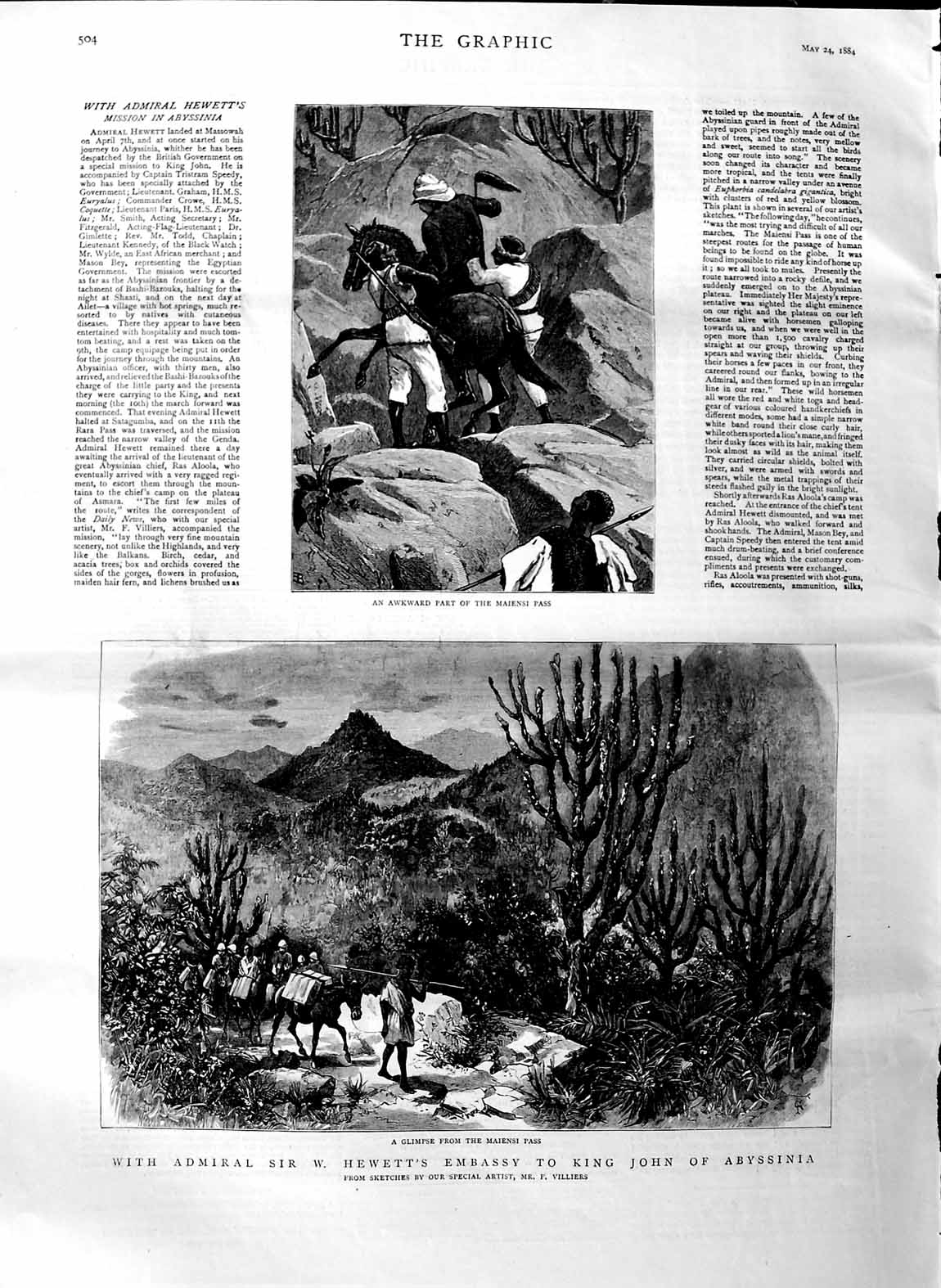 Original Old Antique Print 1884 Admiral Hewett Maiensi Pass King John Abyssinia