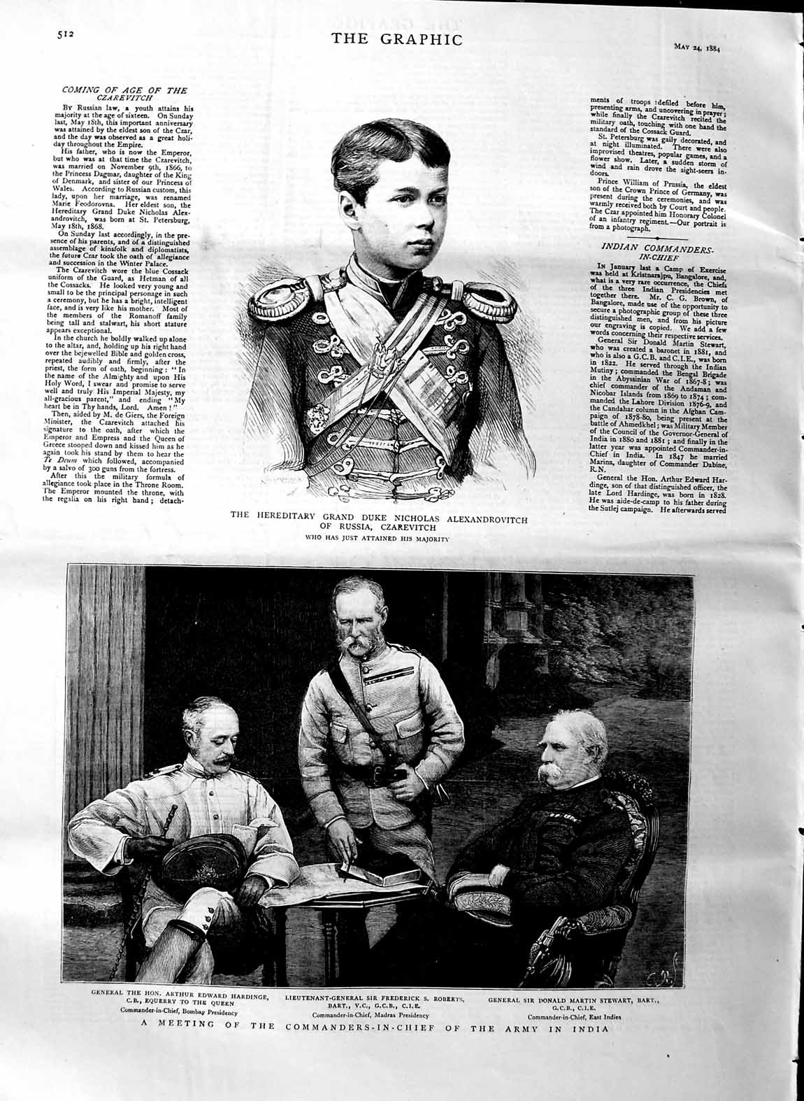 Old Antique Print 1884 Duke Alexandrovitch Russia Hardinge Roberts Army 19th