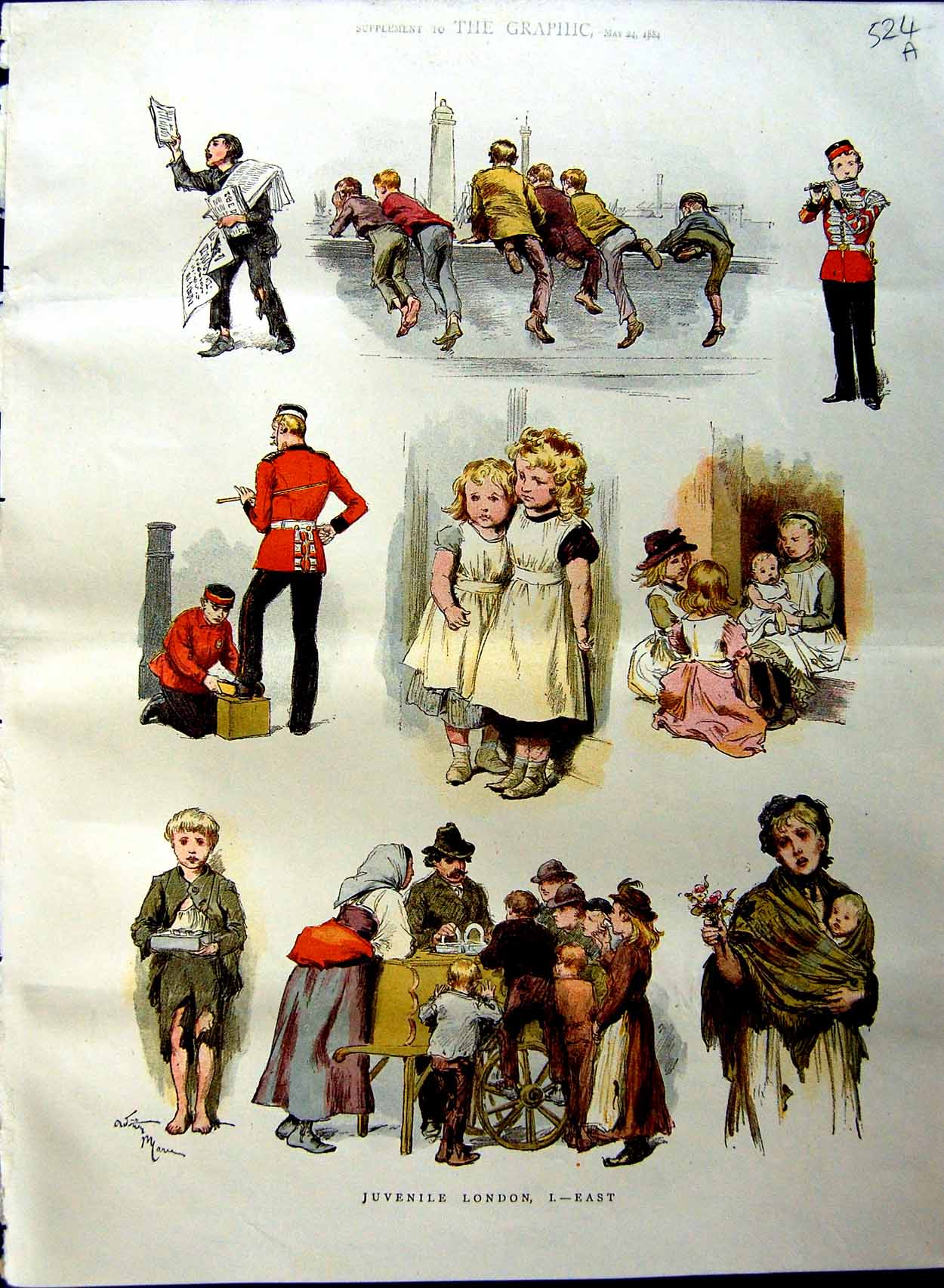 Original Old Antique Print 1884 Colour Juvenile London Children Man Vendor