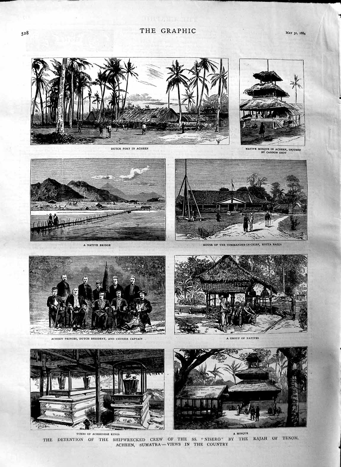 Original Old Antique Print 1884 Dutch Fort Acheen Tomb Acheenese King Victorian