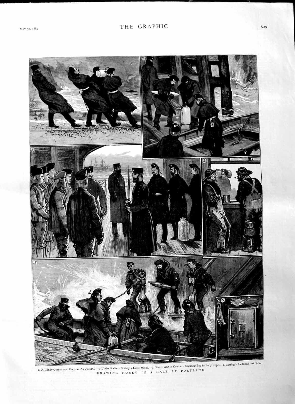 Original Old Antique Print 1884 Ship Gale Portland Buoy Rope Men Boat Fine Art