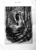 Original Old Antique Print 1884 Fine Art Man Woman Romance Country Trees Scene