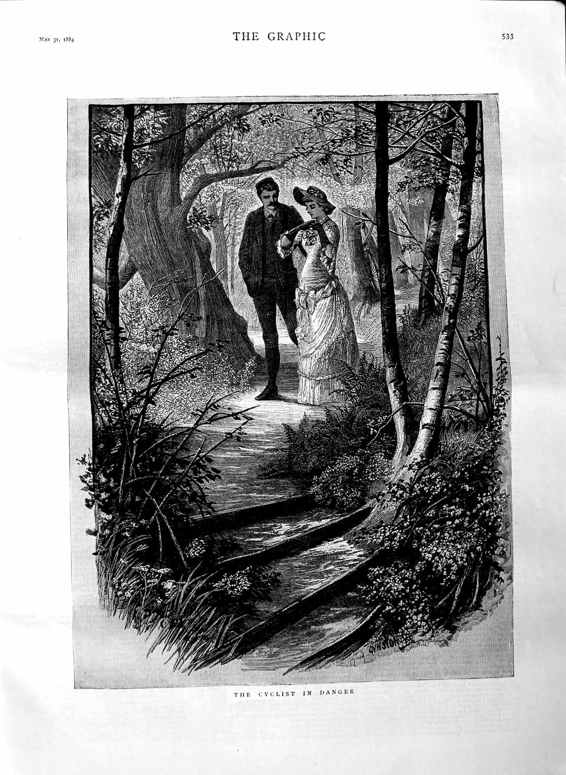 Original Old Antique Print 1884 Fine Art Man Woman Romance Country Trees Scene