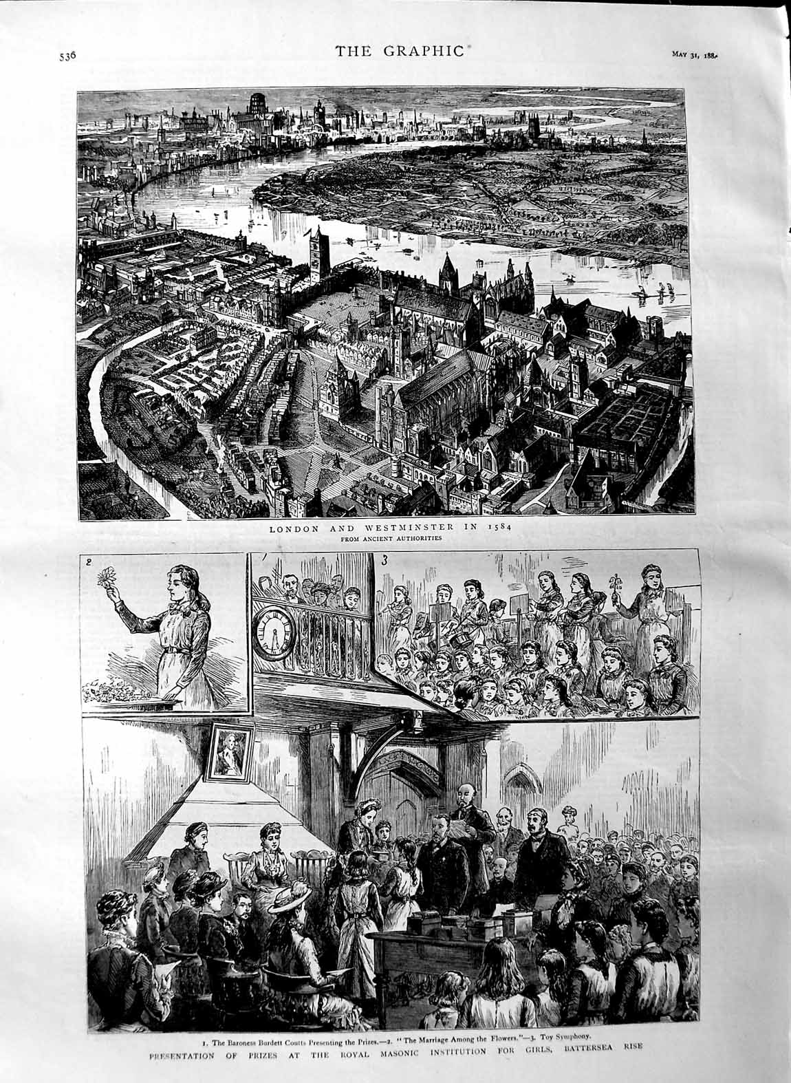 Original Old Antique Print 1884 View London Westminster Battersea Masonic Girls