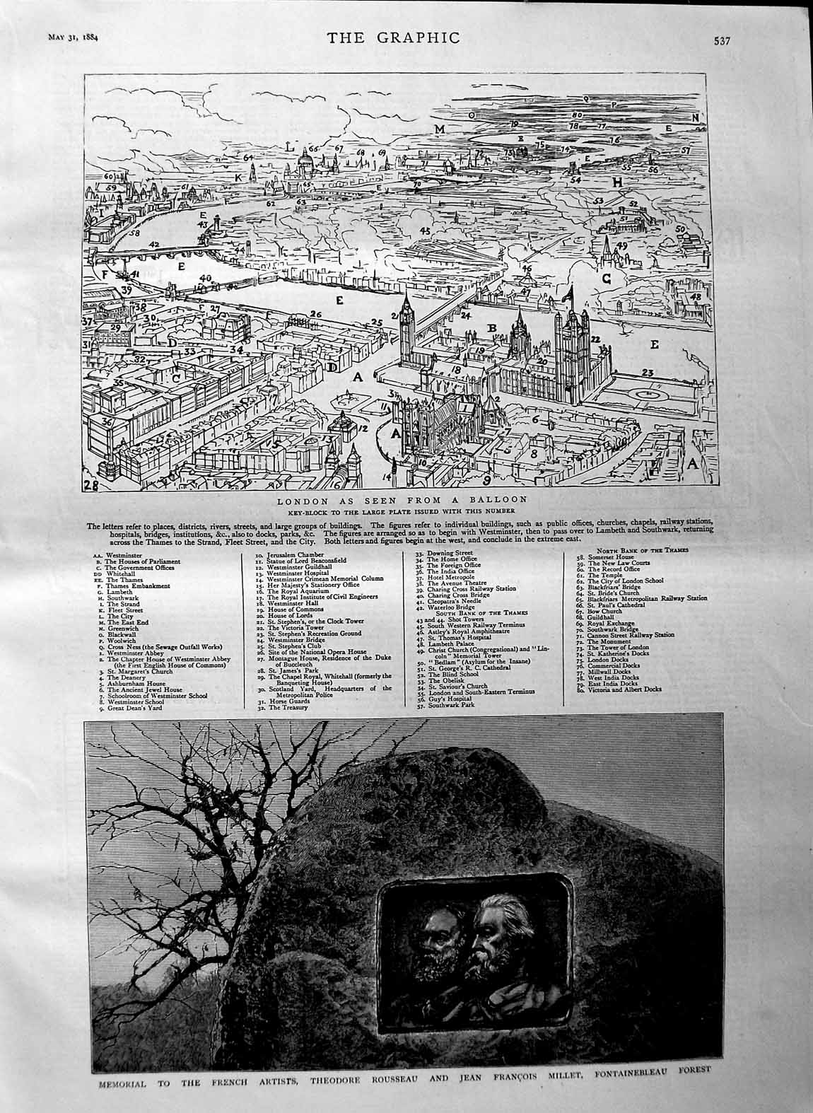 Original Old Antique Print 1884 Plan London Memorial Theodore Rousseau Millet
