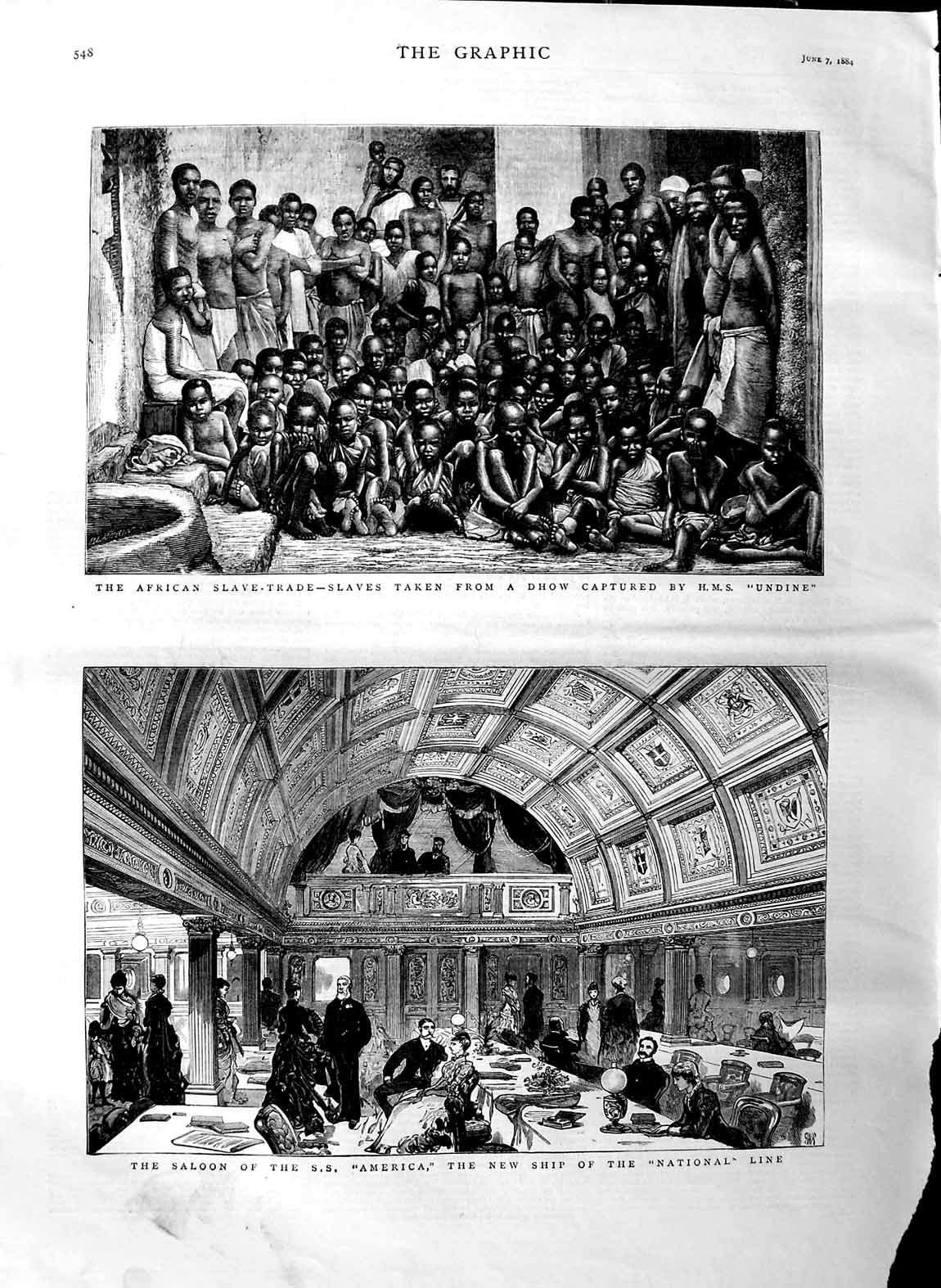 Original Old Antique Print 1884 African Slave Trade Undine Ship S.S America 19th
