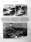 Original Old Antique Print 1884 New Zealand Mount Tongariro Lake Taupo Waikato
