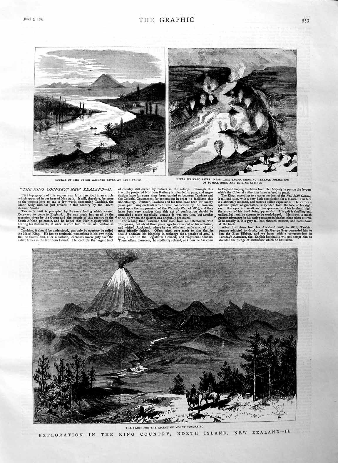 Original Old Antique Print 1884 New Zealand Mount Tongariro Lake Taupo Waikato