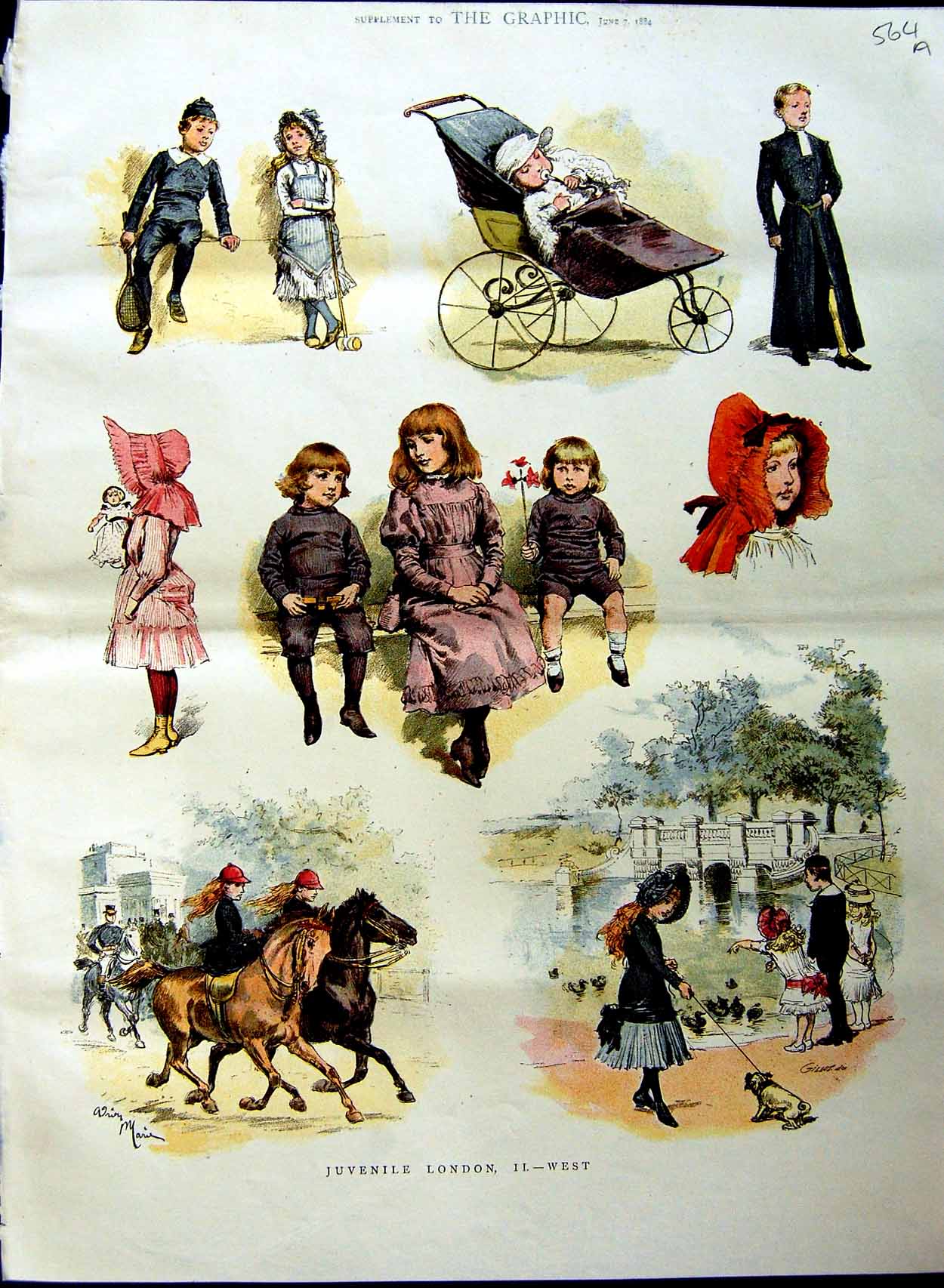 Original Old Antique Print 1884 Colour Juvenile Children London Horses Baby