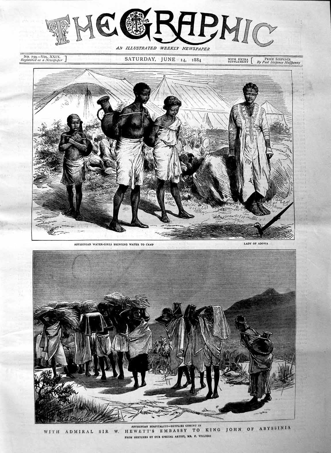 Original Old Antique Print 1884 Abyssinian Water-Girls Lady Adowa King John
