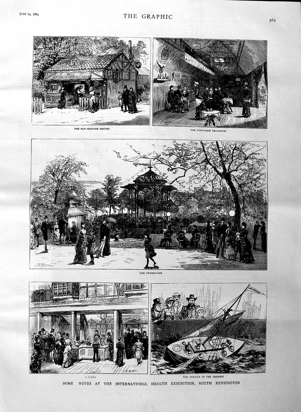Original Old Antique Print 1884 International Health Exhibition South Ken 19th